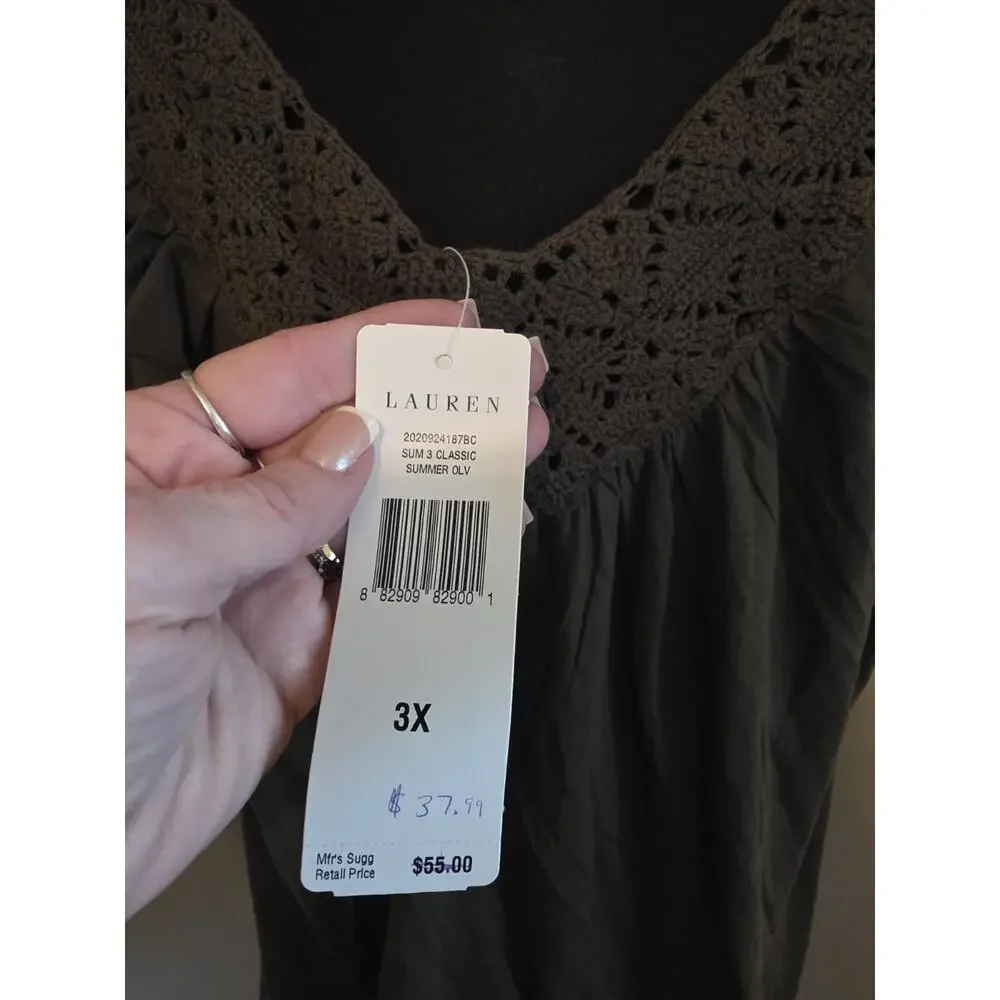 LAUREN RALPH LAUREN Top Cap Sleeve Crocheted Neckline Olive Green 3X NWT